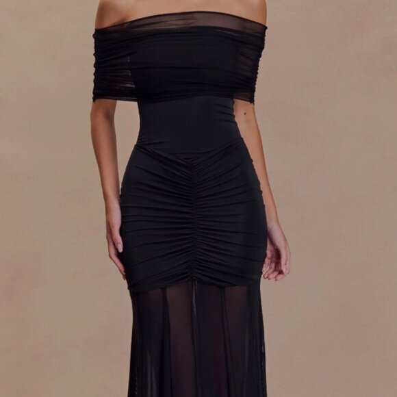 Meshki Caspian Slinky And Mesh Off Shoulder Maxi Dress Black Small - Picture 1 of 7